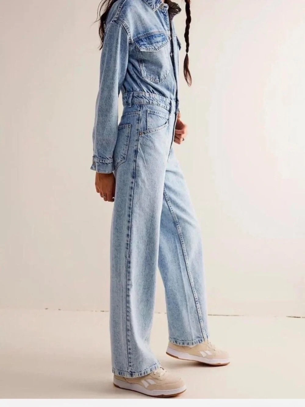 Free People We The Free CRVY Denim Jumpsuit XS Light Wash Utility Coverall